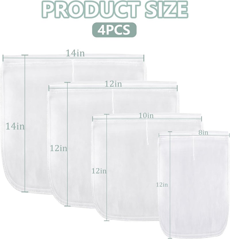 Ninsula 4PCS Nut Milk Bag, Food Grade Nylon Cheese Cloth Bag, Straining Reusable Fine Mesh Strainer for Tea, Yogurt, Juice, Cheese, Soup, Herbs, Vegetable Juice (8"x12"/14"x14"/10"x12"/12"x12") - Image 2